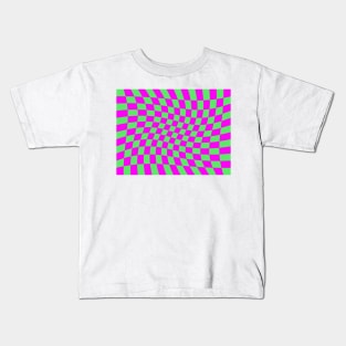 Twisted Checkered Square Pattern - Green & Pink Kids T-Shirt